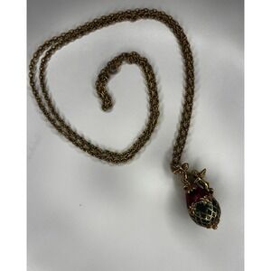 Christmas‎ Egg Pendant With Angels Necklace Gold/red/green 17"